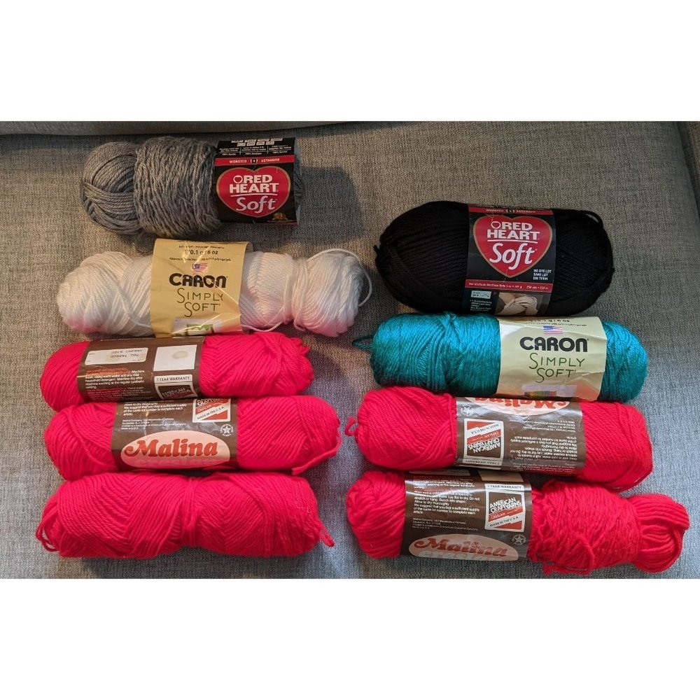 Acrylic Yarn Lot Vintage Malina, Red Heart, Caron - 8 Full /1 Partial Skeins